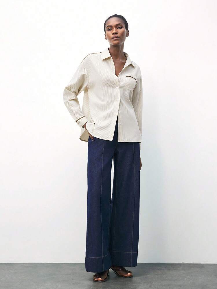 SHEIN Maija Camisa de mujer a rayas color albaricoque con bolsillos, suelta y cómoda, casual y urbana para la playa, colección de blusas de mujer elegantes para Navidad