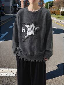 Claim Dot 男士休闲时尚街头字母星星图案原始破洞边缘落肩宽松套头衫，秋冬破洞毛衣男士垃圾摇滚毛衣圆领毛衣图案毛衣男士 90 年代毛衣 - 彩色 - 查看 3