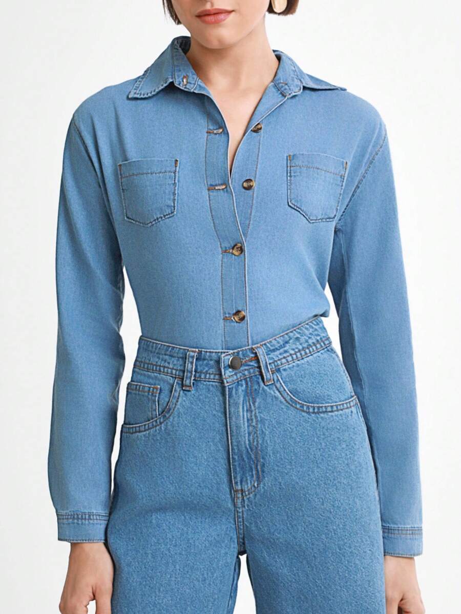 Daynim Stone Wash Button Front Denim Top - Light Wash - View 1