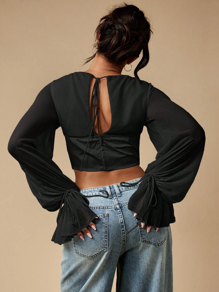 MISSGUIDED Vintage Inspired Lace Up Corset Balloon Sleeve Chiffon Top Victorian Steampunk Fall Fashion Peasant Blouse Party Evening Club Wear Statement Piece