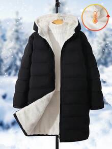 SHEIN 1 件青少年女孩休闲棉衣，中长款，百搭秋冬 - 黑色 - 查看 3