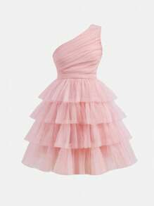 SHEIN Girlism Tween Girl 优雅粉色闪光网眼荷叶边不对称肩部连衣裙 - 彩色 - 查看 1