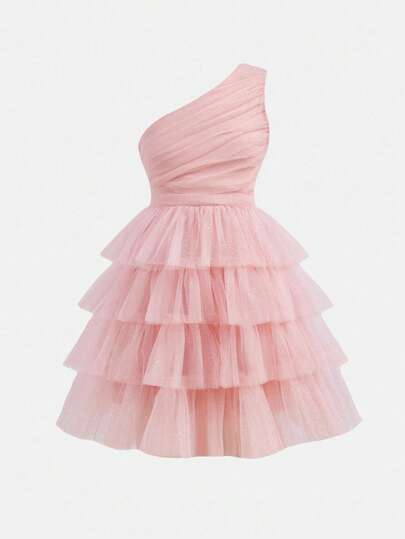 SHEIN Tween Girl Elegant Pink Glitter Mesh Ruffle Asymmetric Shoulder Dress Pitira Pitira Fern Glow Tween Girls Cute Purple Mesh Ruffle Trim Sleeveless Summer Sundress Graduation Dress