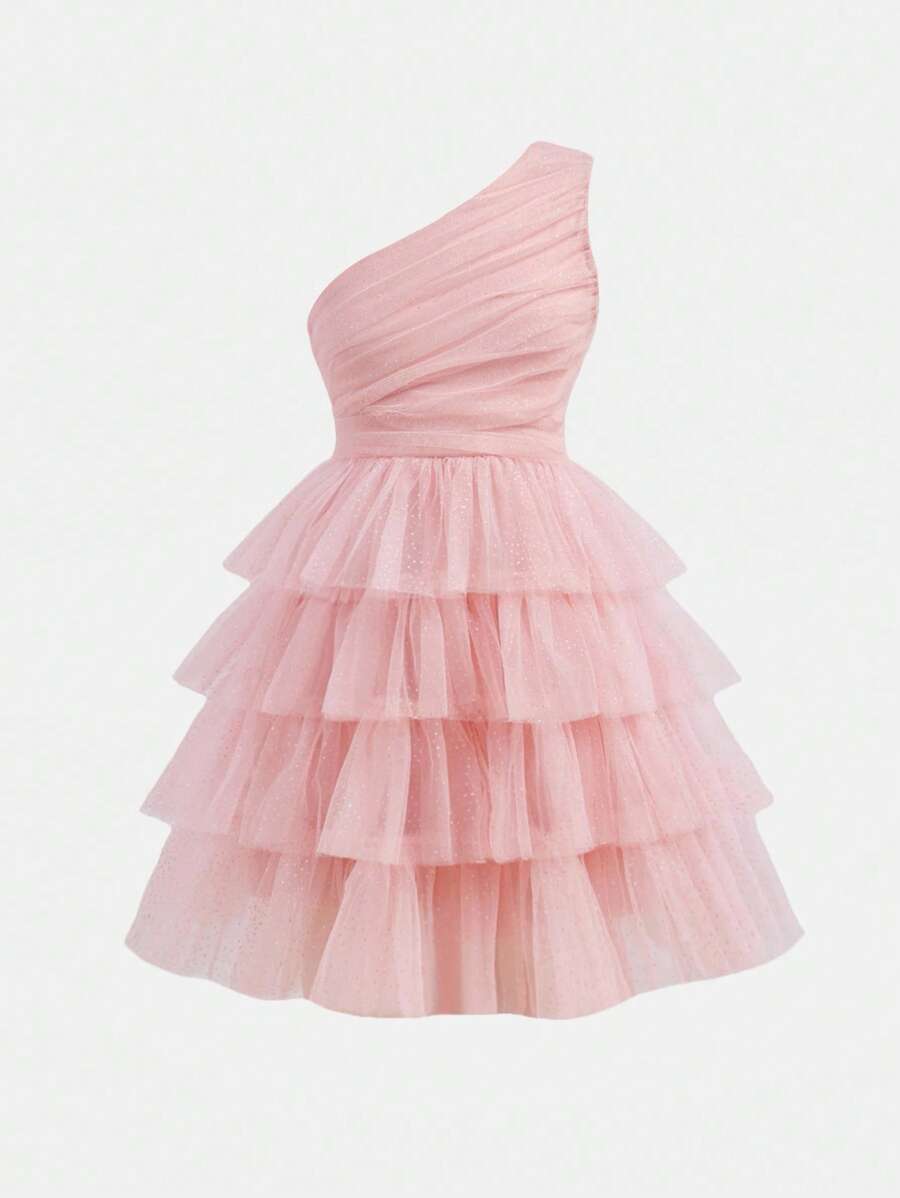 SHEIN Girlism Tween Girl 优雅粉色闪光网眼荷叶边不对称肩部连衣裙 - 彩色 - 查看 1