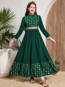 SHEIN Vestido Maxi elegante para adolescentes, verde oliva con patrón retro de hojas metálicas doradas, decorado con cinturón trenzado dorado - Verde Oscuro - Ver 7