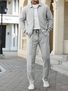 Manfinity Homme 宽松男士纯色休闲两件套秋季服装 - 灰色 - 查看 3