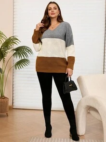 EMERY ROSE Plus Size Women Casual Colorblock V-Neck Long Sleeve Pullover Sweater Fall Clothes For Women Fall Clothes Plus Size Fall Sweaters Winter Coat Women Women's Winter Sweater  Fall Sweaters