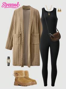 SHEIN Explorewe HYPEME Zestaw dla dziewczynek w wieku 1/2 lat, płaszcz midi z kieszeniami w kolorze khaki i kombinezon bez rękawów, 2 części, strój na co dzień, odpowiedni na wyjścia, podróże i wakacje - Kolor khaki - Zobacz 1