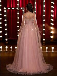 优雅奢华串珠、亮片和水钻可拆卸超大喇叭下摆露肩连衣裙，适合婚礼、派对、节日、庆典、正式活动（重度装饰） - 藕粉色 - 查看 4