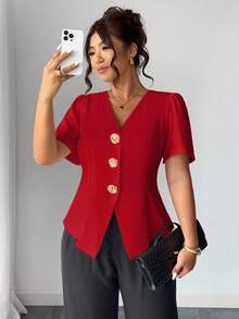 Elenzga Plus Size Fashion Decorative Rose Button Cardigan Shirt - Red - View 5