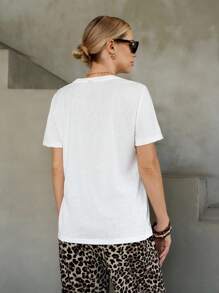SHEIN EZwear Casual Leopard Bow Tie Print White Loose Round Neck Short Sleeve Women T-Shirt,Slightly Sheer Summer Back To School - White - View 2