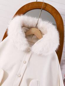 1pc Tween Girls Cape Coat With Detachable Hood And Faux Fur Collar, Elegant & Sweet Outerwear Suitable For Daily, Vacation, Events