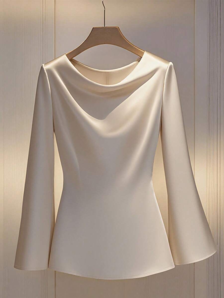 SHEIN Franclia Áo cánh tay dài cổ rộng thắt eo thanh lịch dành cho người đi làm - Màu be - Xem 1