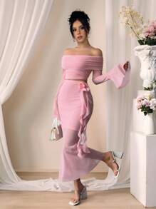 Rafferiza 时尚性感长袖露肩短款上衣和紧身裙两件套 - 粉色 - 查看 3