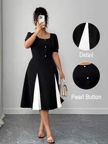 Elenzga Plus Size Color Block Round Neck Elegant Commuter Short Sleeve Dress, Summer - Black - View 1