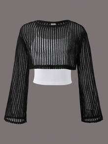 SHEIN Explorewe 青少年女孩长袖仿层网眼和罗纹拼布 T 恤