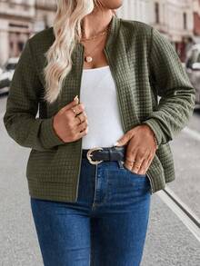 EMERY ROSE Plus Size Casual Fashion Front Zipper Jacket Fall Winter Cloth For Women Autumn - Army Green - View 4