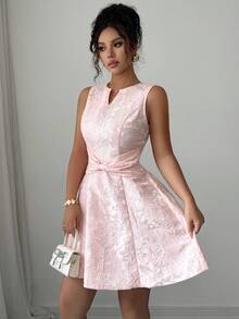 Elenzga 新款女士迷你连衣裙，采用褶皱设计，无袖，提花腰部蝴蝶结造型，修身剪裁，轻盈舒适，优雅甜美，适合春夏穿着。 - 粉色 - 查看 5