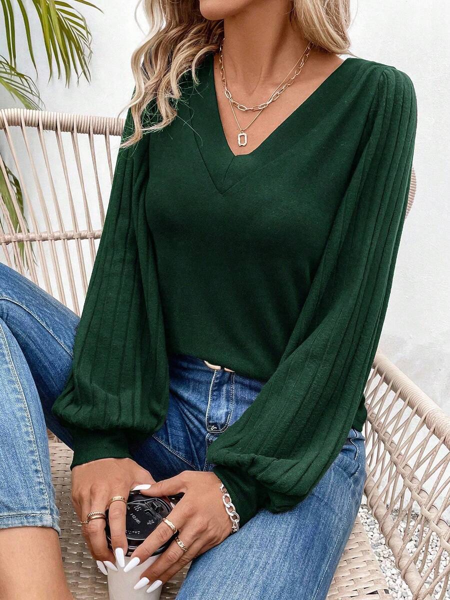 EMERY ROSE Women's Solid Color V-Neck Ribbed Lantern Sleeve Casual Loose T-Shirt, Autumn Fall Cloth For Women - Dark Green - View 1