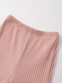 SHEIN 3 件套女童格子翻领长袖夹克 + 纯色高领长袖 T 恤 + 纯色罗纹喇叭裤套装 - 粉色 - 查看 5