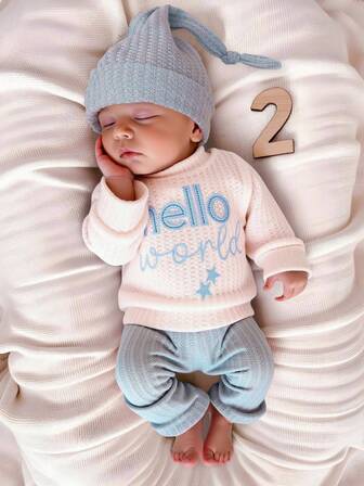 SHEIN Newborn Photography Outfit - Baby Boys/Girls 1-3 Months "HELLO" Embroidered Top, Pant & Hat 3-Piece Set, Infant Studio Prop Clothes Baby Boy Knitted Set Fall Winter