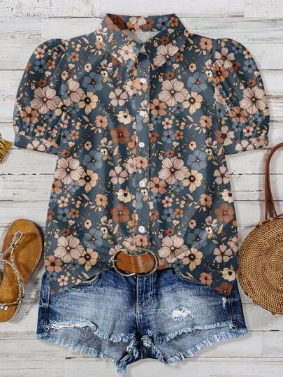 EMERY ROSE 大码休闲花卉印花衬衫，适合夏季