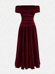 SHEIN Abito lungo in velluto bordeaux elegante e retrò per ragazze pre-adolescenti, adatto per il ritorno a scuola, feste di compleanno, ballo di fine anno, con una spalla, plissettato, adatto per Ognissanti, Natale, Capodanno, uso domestico, all'aperto, feste, raduni e altre occasioni - Bordò - Visualizzare 2