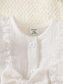 SHEIN 新生女婴优雅蝴蝶结白色棉质休闲长袖连衣裙，甜美简约风格