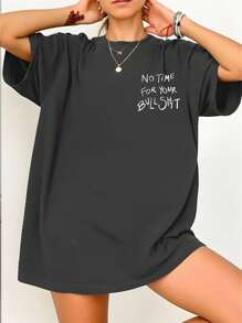 EMERY ROSE Camiseta de manga corta de cuello redondo con estampado de letras, corte holgado y talla grande para mujer - Gris Oscuro - Ver 2