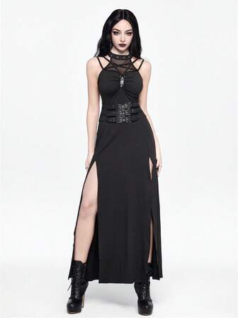 Goth Abito midi aderente da donna in stile punk, con patchwork e rete, scollo alla halter e spacco