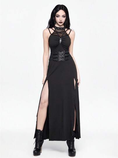 Goth Abito midi aderente da donna in stile punk, con patchwork e rete, scollo alla halter e spacco