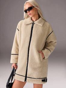 CasuGlow Manteau en fausse pour femmes, fermeture éclair à l'avant, col avec boucle, passepoil contrasté, veste oversize en peluche, fermeture éclair, garniture , coupe longue, manteau  de mouton, col montant, ourlet réglable, coupe confortable, manteaux, vêtements d'hiver, vestes - Beige - Voir 1