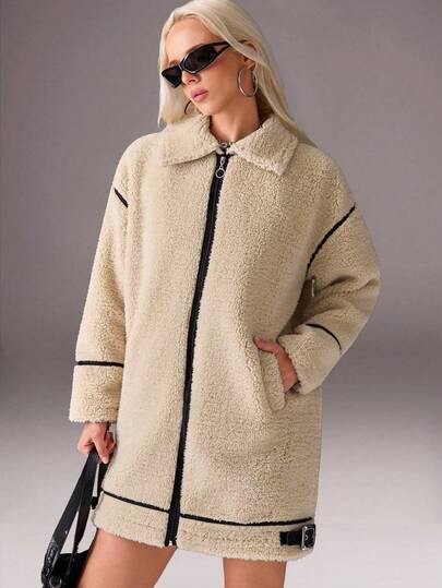 CasuGlow Damkappa i konstskinnsfår, dragkedja fram, spänne i halsringning, kontrasterande kantband, överdimensionerad teddyjacka, dragkedja, konstläderdetaljer, lång passform, sherpa fleecekappa, ståkrage, justerbar fåll, mysig passform, kappor, vinterkläder, jackor