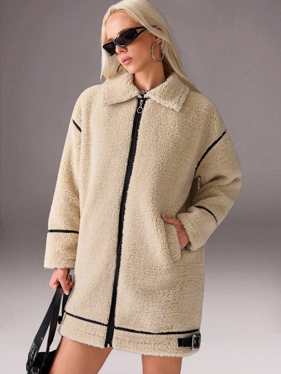CasuGlow Manteau en fausse pour femmes, fermeture éclair à l'avant, col avec boucle, passepoil contrasté, veste oversize en peluche, fermeture éclair, garniture , coupe longue, manteau de mouton, col montant, ourlet réglable, coupe confortable, manteaux, vêtements d'hiver, vestes - Beige - Voir 1