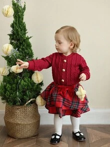 SHEIN Baby Girl Versatile Autumn/Winter/Christmas Set: Solid Red Round Neck Long-Sleeved Top Paired With A Red Plaid Elastic Waist Skirt. Perfect For Christmas Gifts, Autumn Dresses, Christmas Celebrations, Back-To-School Wear, And Carnivals. - Burgundy - View 1