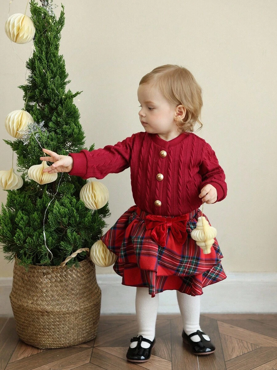 SHEIN Baby Girl Versatile Autumn/Winter/Christmas Set: Solid Red Round Neck Long-Sleeved Top Paired With A Red Plaid Elastic Waist Skirt. Perfect For Christmas Gifts, Autumn Dresses, Christmas Celebrations, Back-To-School Wear, And Carnivals. - Burgundy - View 1