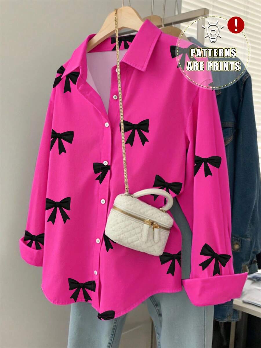 INAWLY 女士宽松长袖蝴蝶结印花休闲衬衫 - 白色 - 查看 1