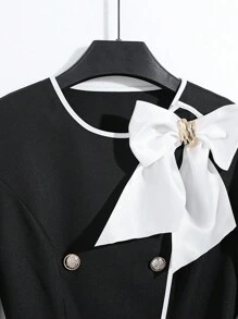GlowEve Chaqueta blazer de manga larga con decoración de lazo y ribete blanco, elegante y nueva para mujer - Negro - Ver 4