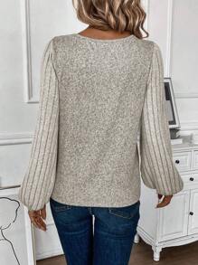 EMERY ROSE Women's Casual V-Neck Ribbed Long Sleeve T-Shirt, Autumn Fall Cloth For Women - Apricot - View 2