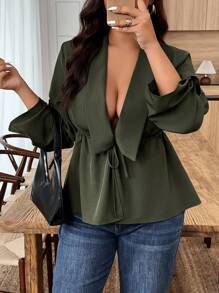 Weeklong Chemise ample de couleur unie avec cordon de serrage à la taille - Militaire verte - Voir 4