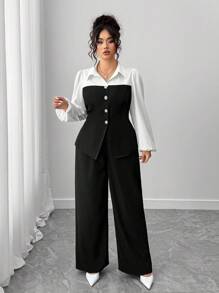 Elenzga Collezione di eleganza eccentrica (vibrazioni di "Woe Is Me")(Estetica del mercoledì) 2 pezzi Completo elegante vintage in bianco e nero con patchwork