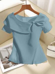 SHEIN Clasi 女士纯色扭纹设计短袖时尚T恤，夏季 - 藍色 - 查看 4