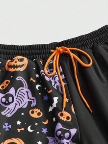 ROMWE Goth Quần ngủ dáng rộng cho nữ cỡ lớn in hình đầu lâu, mèo, bí ngô, ngôi sao, mặt trăng, dơi, xương, thích hợp cho lễ Halloween - màu đen - Xem 2