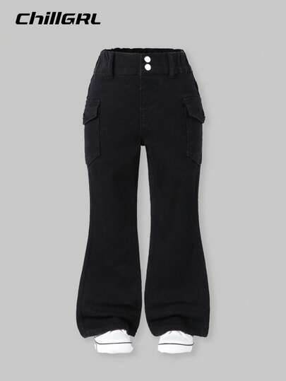 SHEIN Young Girl Casual Multi Pocket Elastic Waist Black Washed Denim Flare Jeans Summer Holiday