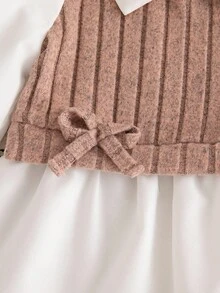 SHEIN 2pcs/Set Baby Girls Autumn New Outfit, White Patchwork Ribbed Fabric Long Sleeve 2 In 1 Shirt With Bow, Casual Ribbed Flare Pants, Versatile Everyday Wear