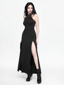 ROMWE Goth 女士时尚朋克拼布渔网吊带紧身开衩中长连衣裙 - 黑色 - 查看 7