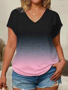 EMERY ROSE 渐变色块V领短袖大码T恤 - 彩色 - 查看 1
