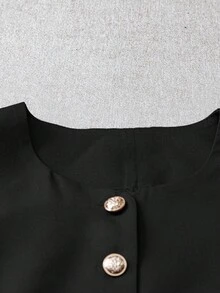 SHEIN LUNE 复古优雅休闲圆领开襟女式上衣 - 黑色 - 查看 3