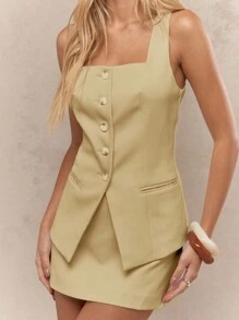 MISSGUIDED 纽扣前马甲迷你裙套装夏季商务无袖不对称两件套专业办公工作派对婚礼嘉宾 - 黃色 - 查看 3