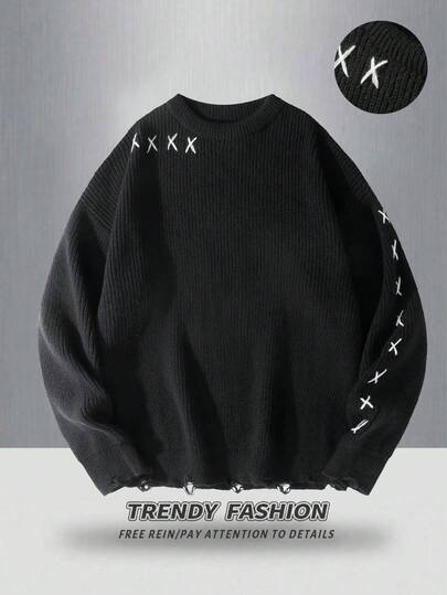 Manfinity CasualKnits 男士撞色简约休闲圆领长袖毛衣 Y2k 毛衣 哥特毛衣 Y2k 长袖男士针织毛衣 男士黑色毛衣 Y2k 上衣 男士返校 Y2k 毛衣 男士黑色针织毛衣 男士哥特毛衣长袖针织上衣 破洞毛衣，秋冬